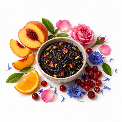 A bowl of loose herbal tea surrounded by fresh peach slices, an orange slice, pink roses, red berries, blue flowers, and green leaves on a white background.