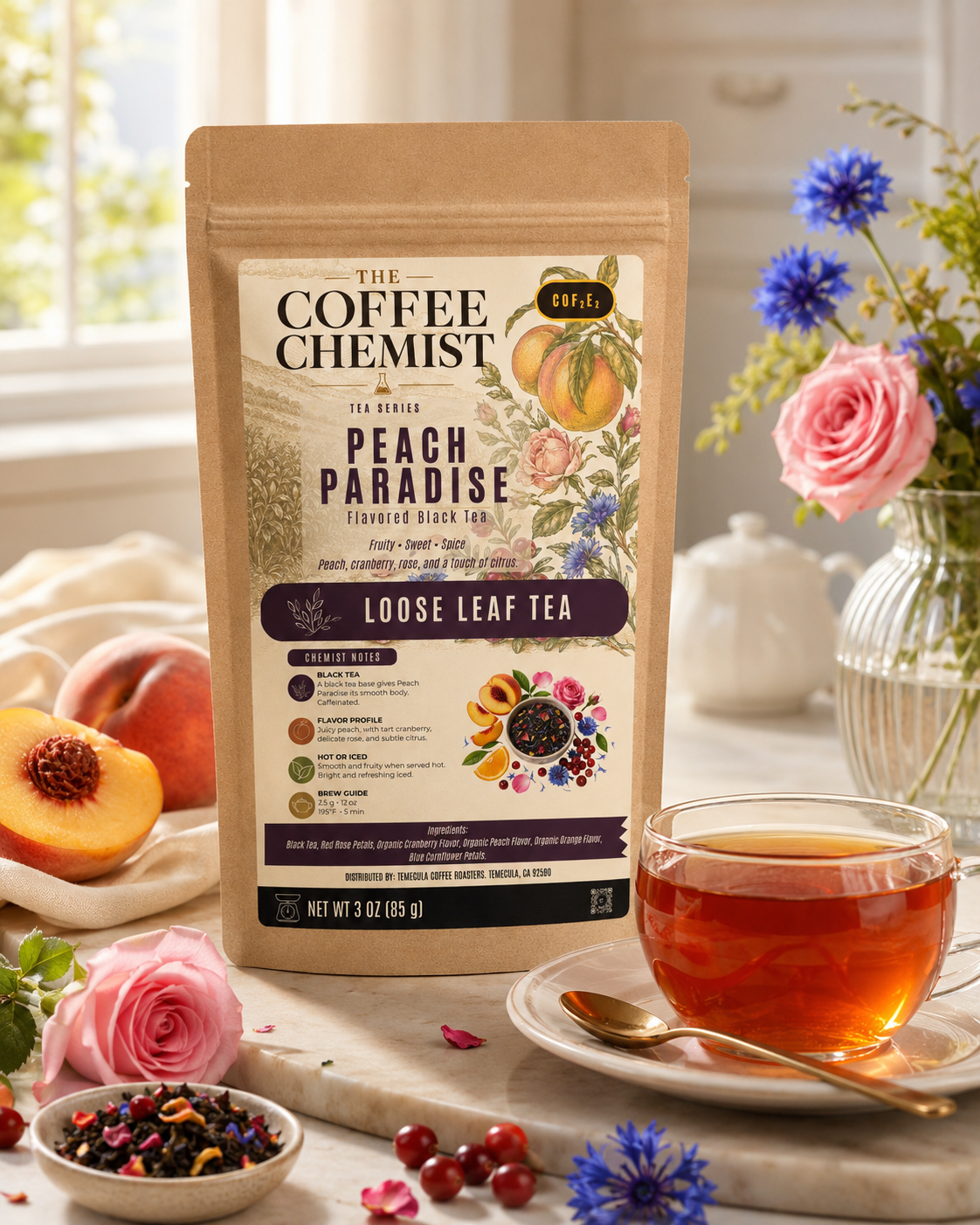 A stand-up pouch of The Coffee Chemist Peach Paradise loose leaf tea is displayed on a marble surface with a glass cup of tea, flowers, peaches, and small bowls in a bright kitchen-like setting.