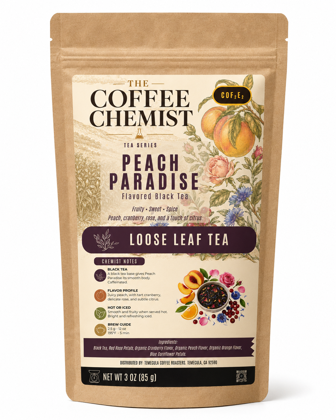 A 3 oz stand-up pouch of The Coffee Chemist Peach Paradise Flavored Black Tea, featuring a kraft paper design with detailed peach and floral illustrations on the label.