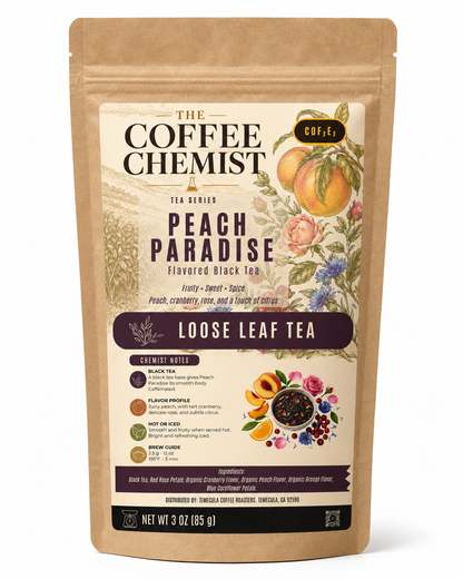 A 3 oz stand-up pouch of The Coffee Chemist Peach Paradise Flavored Black Tea, featuring a kraft paper design with detailed peach and floral illustrations on the label.