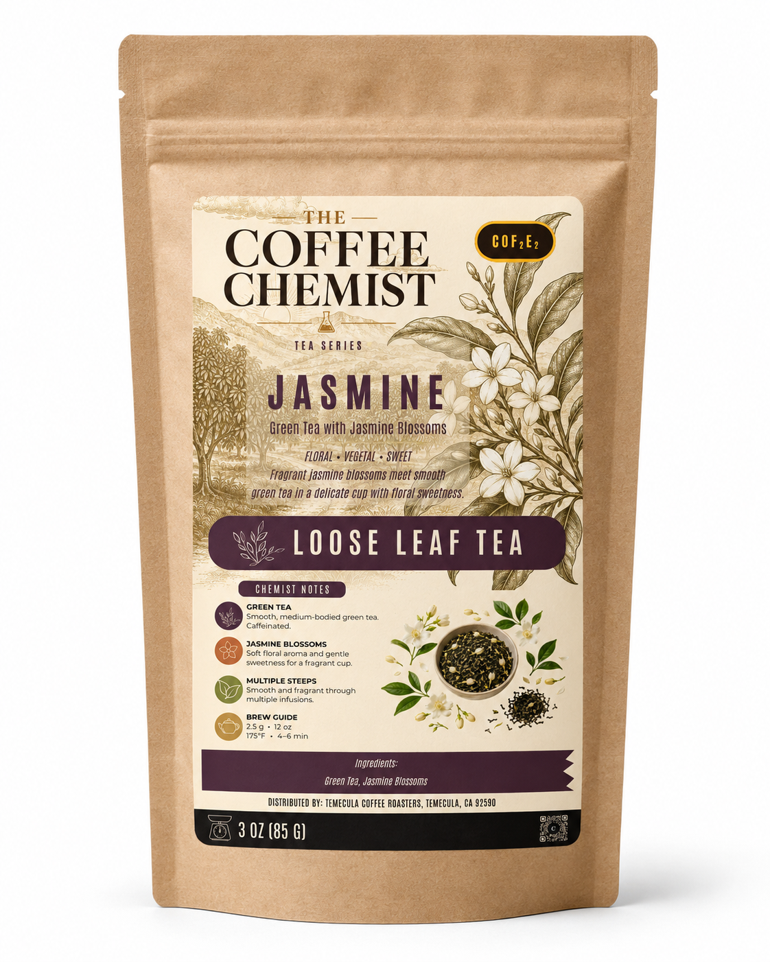 A 3 oz stand-up pouch of The Coffee Chemist Jasmine Loose Leaf Tea on a clean white background. The kraft paper pouch features a detailed cream-colored label with illustrations of jasmine flowers and green tea leaves, along with product details and flavor notes.