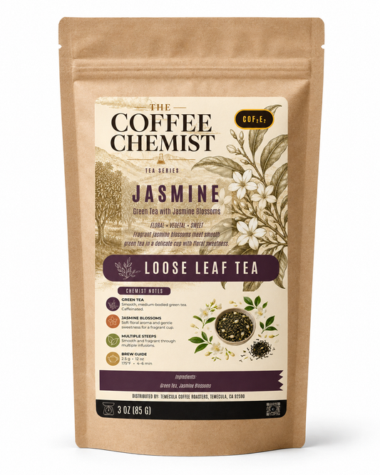 A 3 oz stand-up pouch of The Coffee Chemist Jasmine Loose Leaf Tea on a clean white background. The kraft paper pouch features a detailed cream-colored label with illustrations of jasmine flowers and green tea leaves, along with product details and flavor notes.
