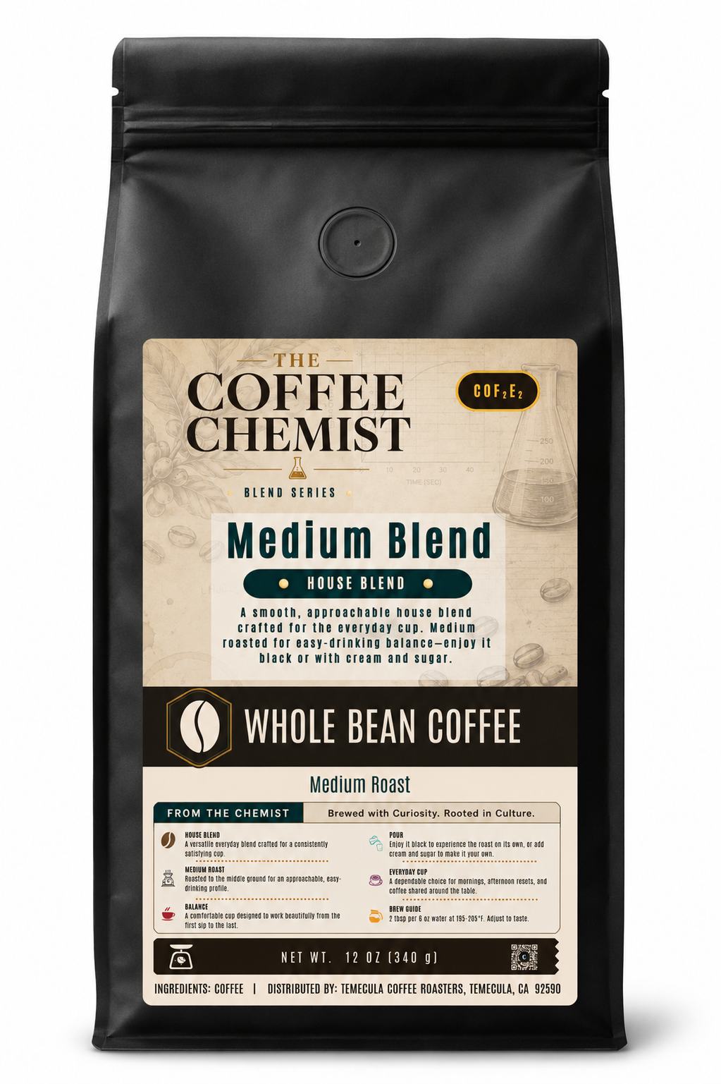 Black bag of The Coffee Chemist Medium Blend House Coffee