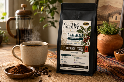 A bag of Coffee Chemist Guatemala espresso roast ground coffee stands on a table beside a cup of coffee, coffee beans, and a small bowl of ground coffee, with a softly blurred rustic interior background.