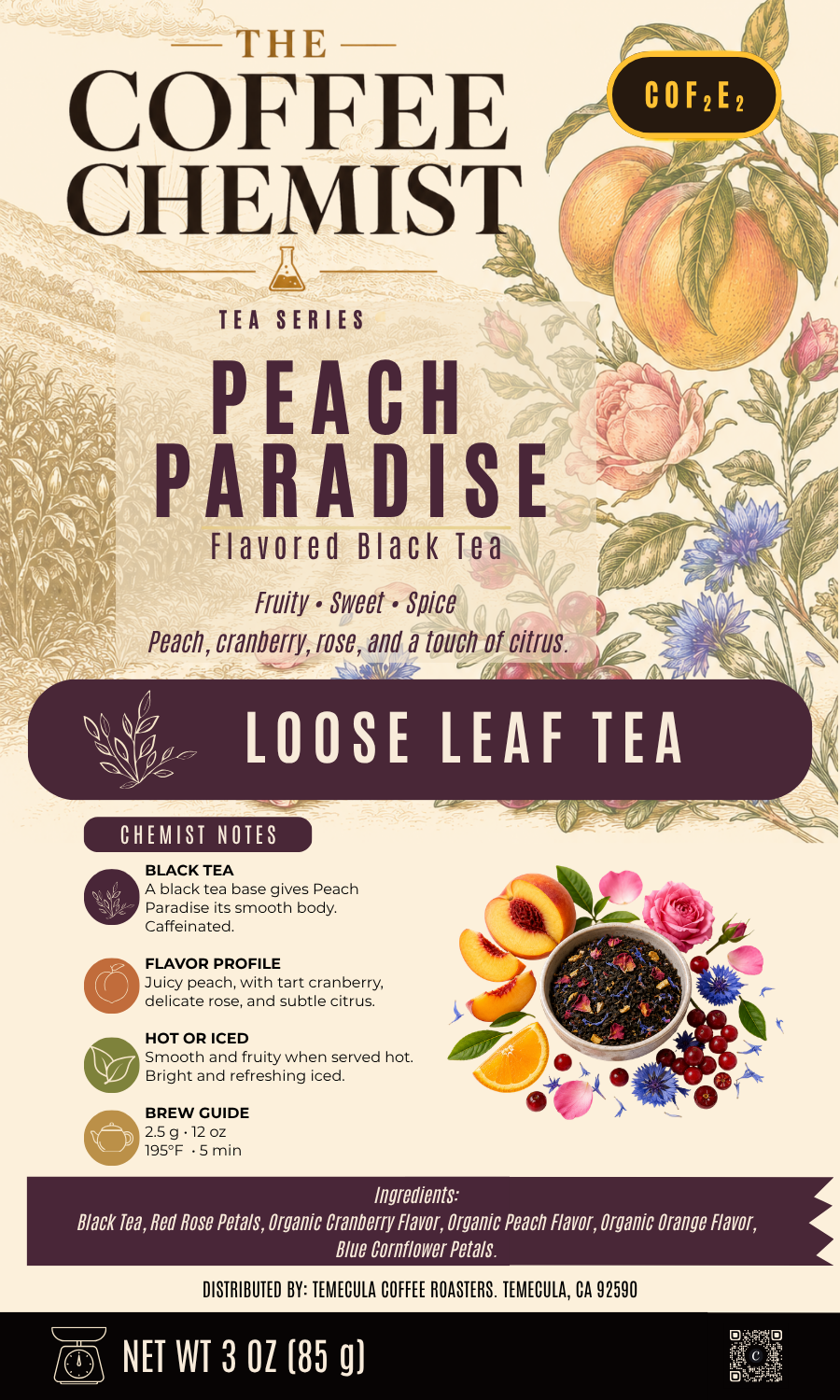 Front-facing product label for The Coffee Chemist Tea Series Peach Paradise Flavored Black Tea, showing illustrated peaches, flowers, and tea leaves with flavor notes and serving information.