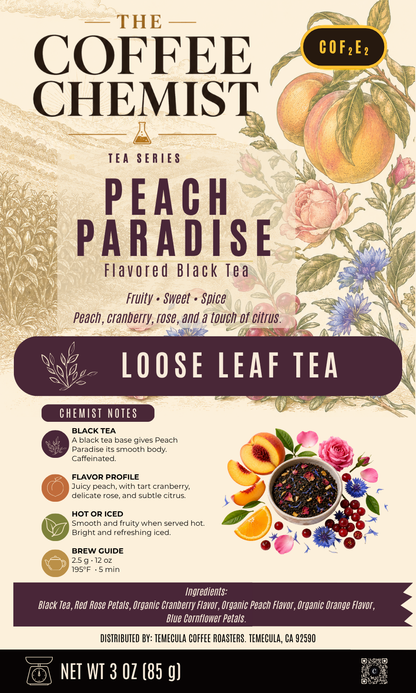 Front-facing product label for The Coffee Chemist Tea Series Peach Paradise Flavored Black Tea, showing illustrated peaches, flowers, and tea leaves with flavor notes and serving information.